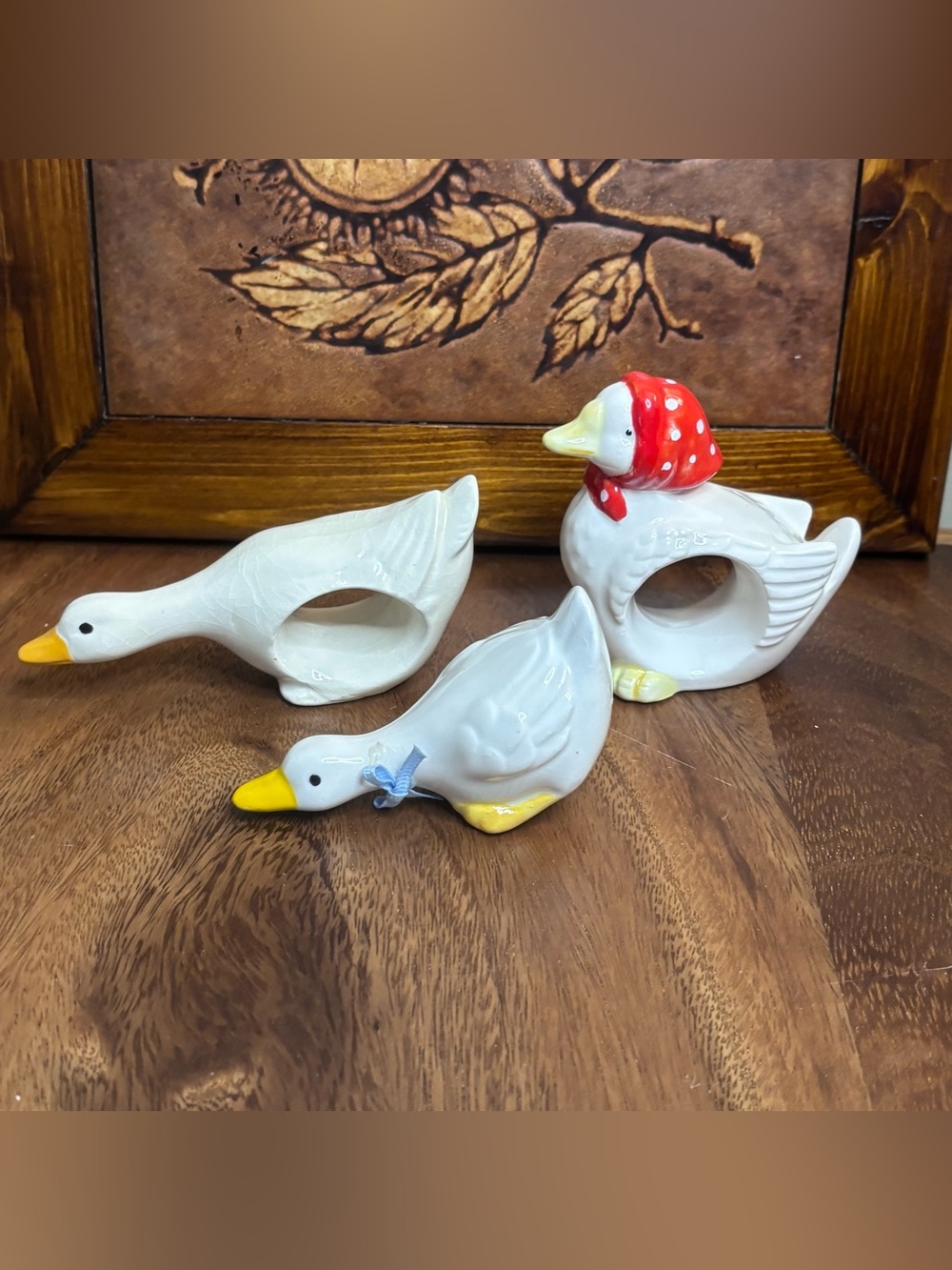 Ceramic Duck Napkin Rings and Figurine Set